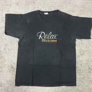 VINTAGE Jesus Tee Shirt Mens Large Black Relax God is in Control Embroidered
